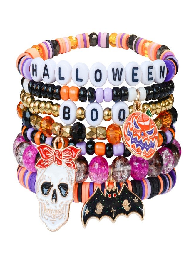 BuQueHM 7pcs Halloween Bracelets for Women Heishi Surfer Bracelet Boho Stackable Stretch Halloween Jewelry with Spooky Pumpkin Charms Perfect Halloween Party Favors - Image 1